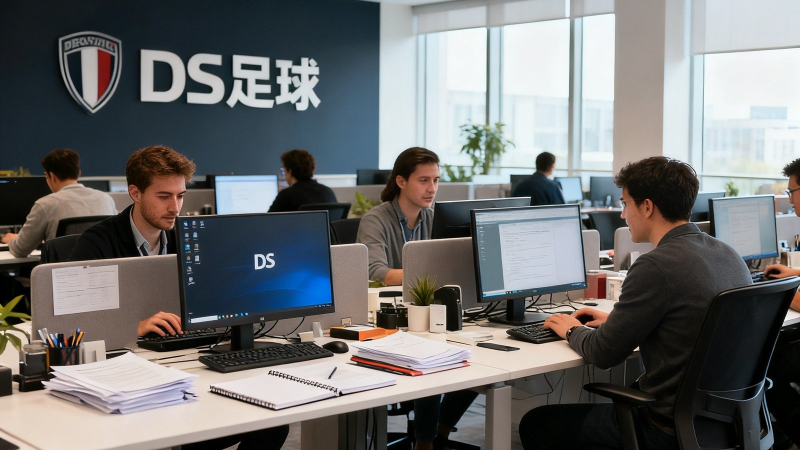 DS足球公司办公室场景展示，员工在开放式办公区专注工作的真实画面